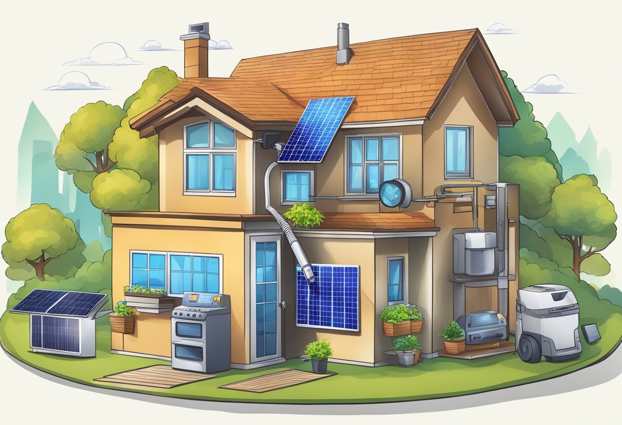 A home energy auditor using tools to inspect a house, surrounded by energy-efficient appliances and solar panels