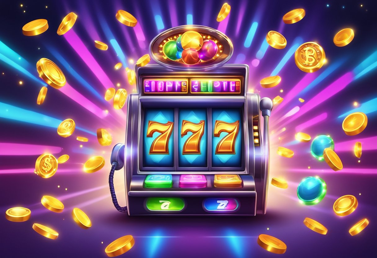 Mesin slot online yang hidup dan dinamis dikelilingi oleh simbol bonus yang bersinar dan spanduk promosi