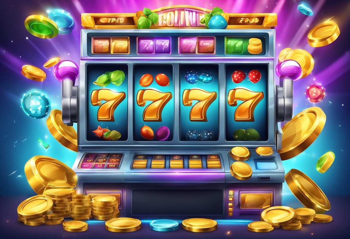 Sebuah mesin slot online berwarna-warni dengan berbagai simbol dan fitur bonus, dikelilingi oleh spanduk dan ikon promosi