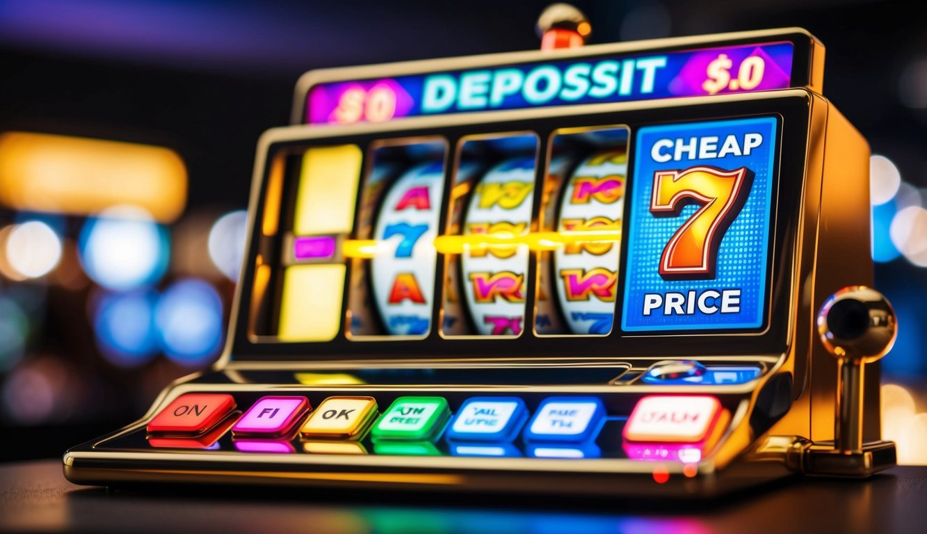 Sebuah mesin slot online berwarna-warni dengan tombol deposit yang berdenyut dan label harga murah yang bersinar