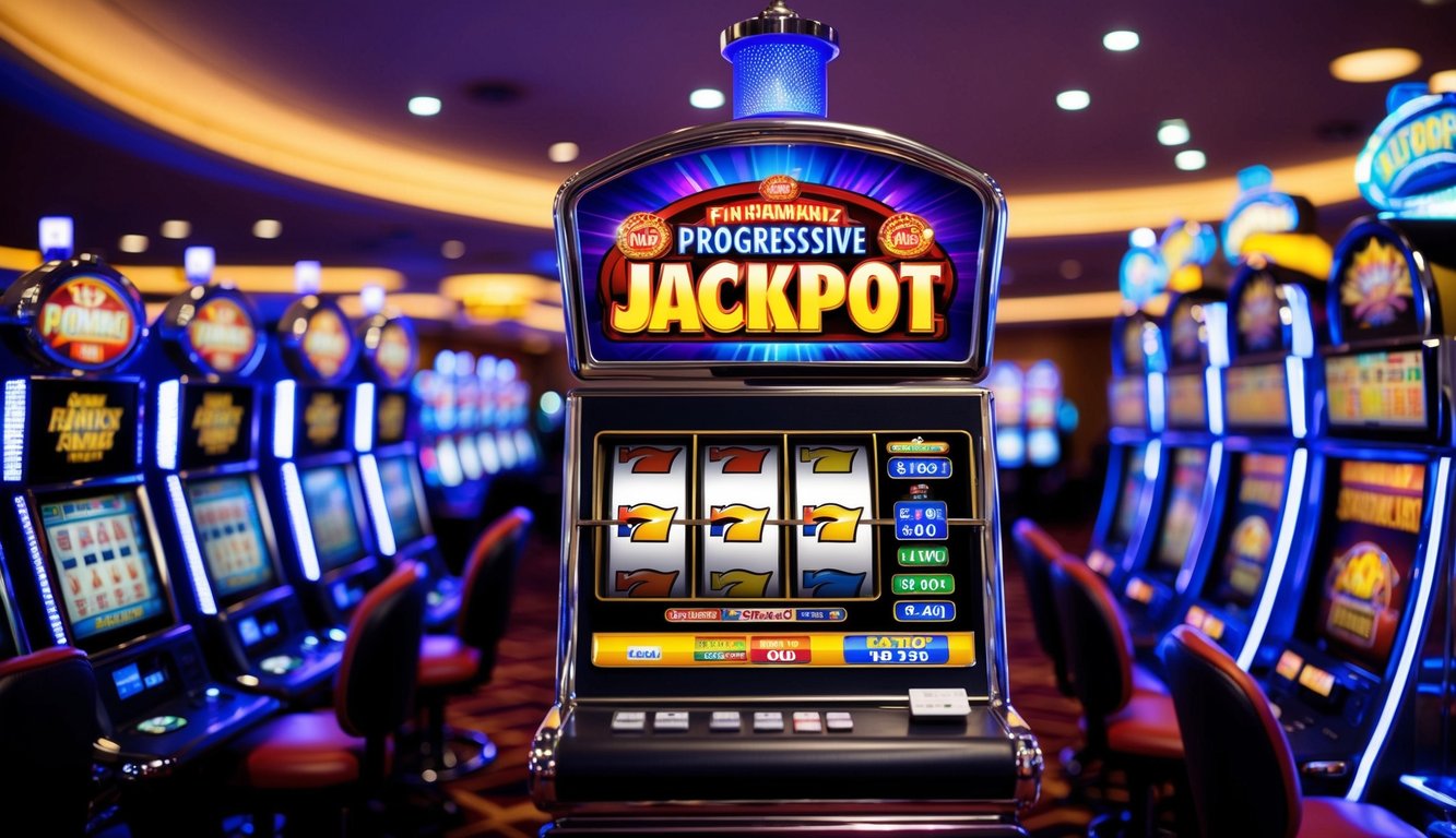 Sebuah suasana kasino yang ramai dengan deretan mesin slot dan lampu berkedip, menampilkan permainan slot jackpot progresif yang menonjol dengan berbagai penyedia permainan.