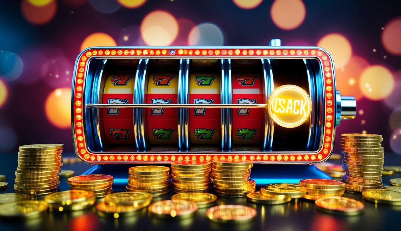 Sebuah mesin slot berwarna-warni dikelilingi oleh koin berkilau dan simbol cashback yang bersinar