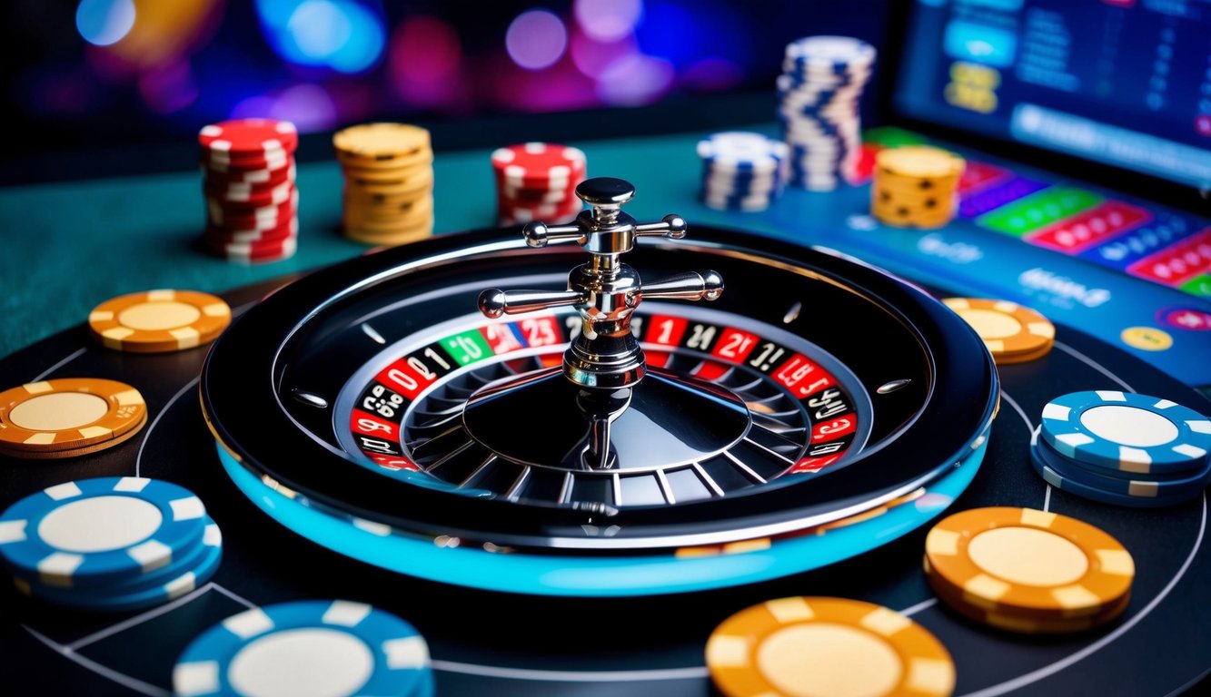 Roda roulette yang ramping dan modern berputar di platform online yang penuh warna, dikelilingi oleh chip taruhan yang berwarna-warni dan antarmuka digital yang dinamis.