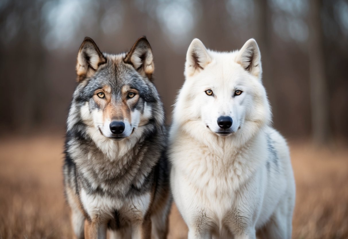 A gray wolf and an arctic wolf stand side by side, showcasing their distinct fur colors and markings. The gray wolf has a mix of gray, brown, and black fur, while the arctic wolf boasts a pristine white coat