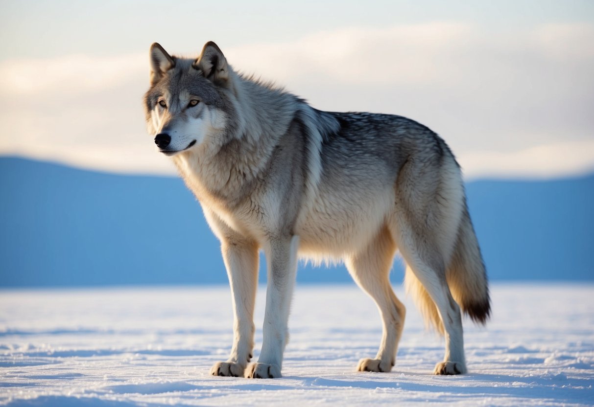 A massive arctic wolf standing majestically on a snowy tundra, its thick fur glistening in the sunlight as it surveys its icy domain
