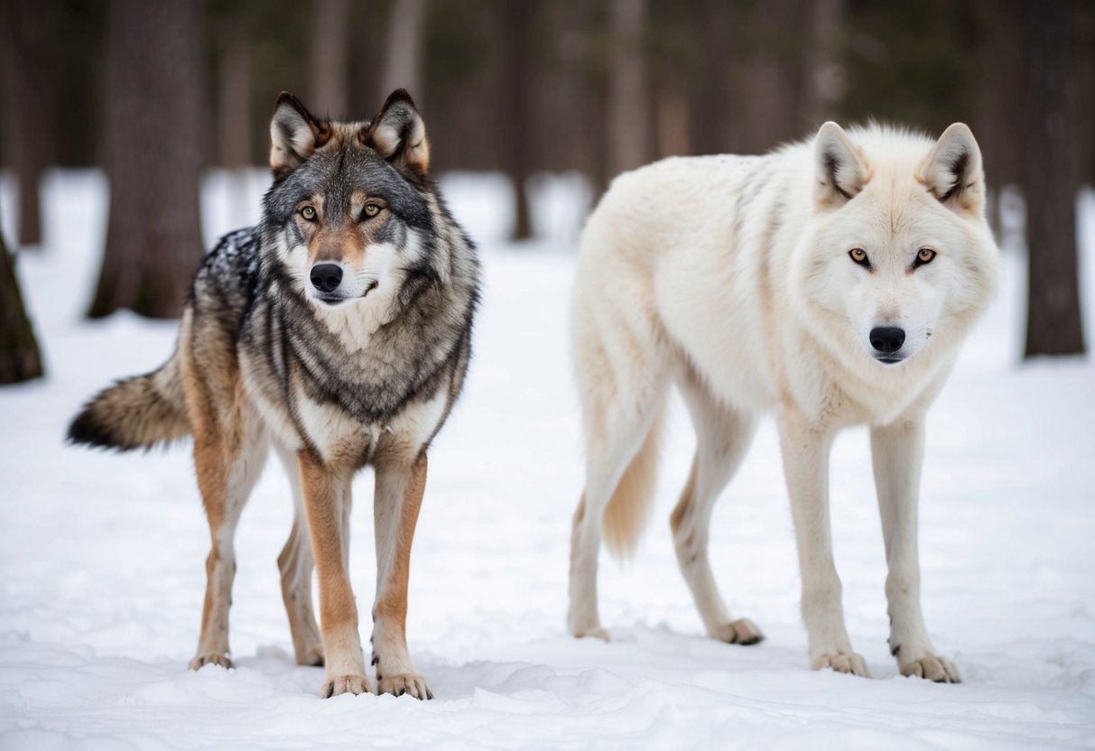 A gray wolf with a mix of gray, brown, and white fur stands in a forest, while an arctic wolf with mostly white fur blends into a snowy landscape