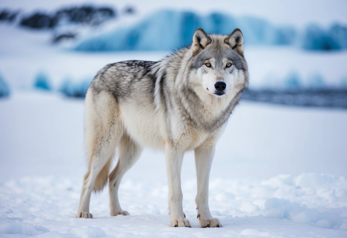 A massive arctic wolf standing proudly in the snow, its thick white fur blending seamlessly with the icy landscape