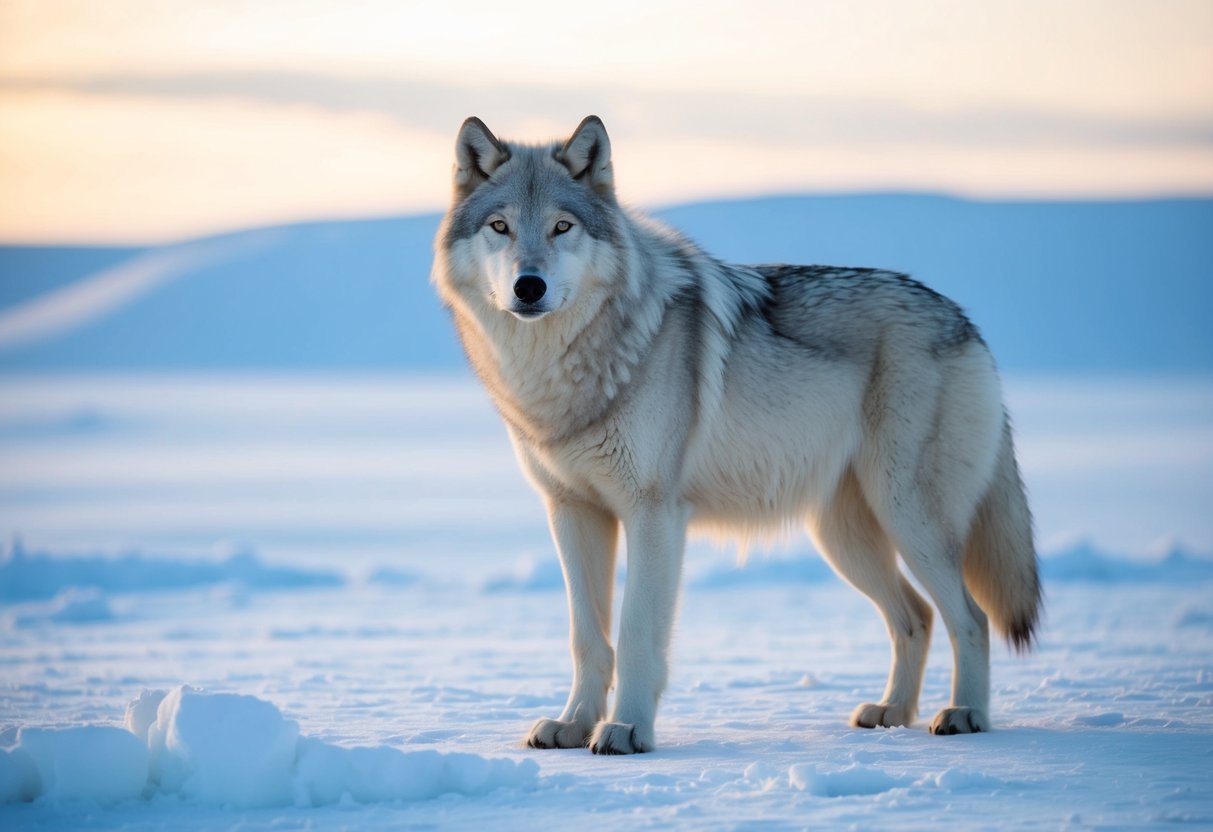 A massive arctic wolf stands proudly on a snow-covered tundra, its thick white fur blending into the icy landscape