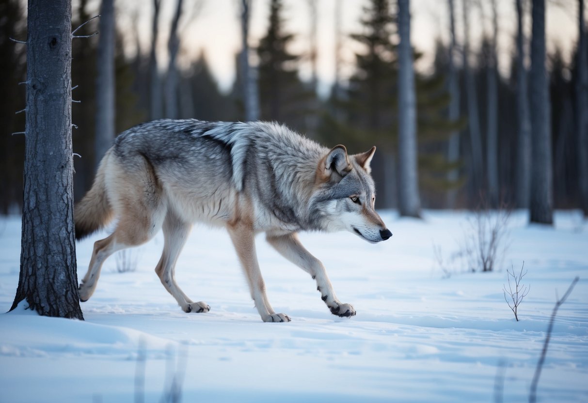 A gray wolf prowls through a forest, stalking prey with a pack. An arctic wolf hunts alone across a snowy tundra, blending in with the icy landscape