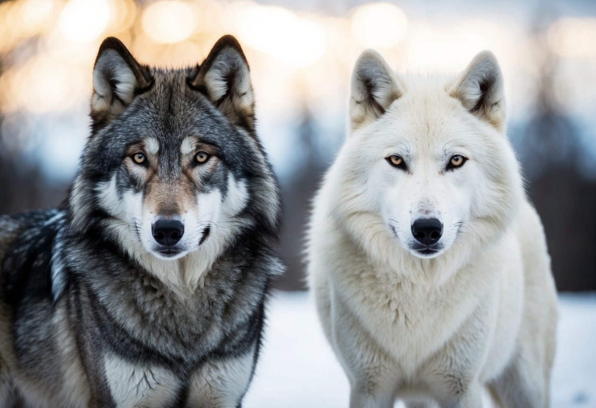 A gray wolf and an arctic wolf stand side by side, showcasing their differences in fur color and size. The gray wolf has a darker coat, while the arctic wolf's fur is lighter and thicker