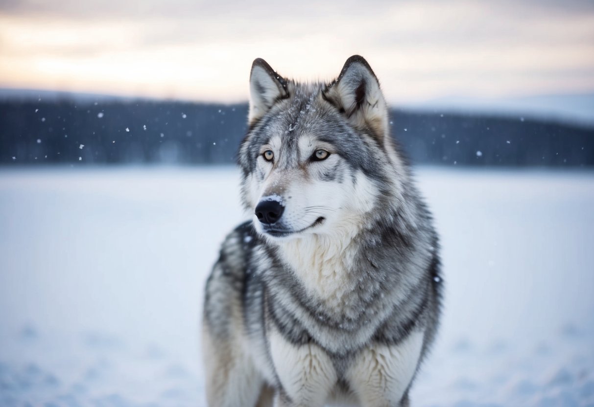 An arctic wolf stands proudly in a snowy landscape, gazing into the distance with piercing eyes. Snowflakes gently fall around the majestic creature as it surveys its icy domain