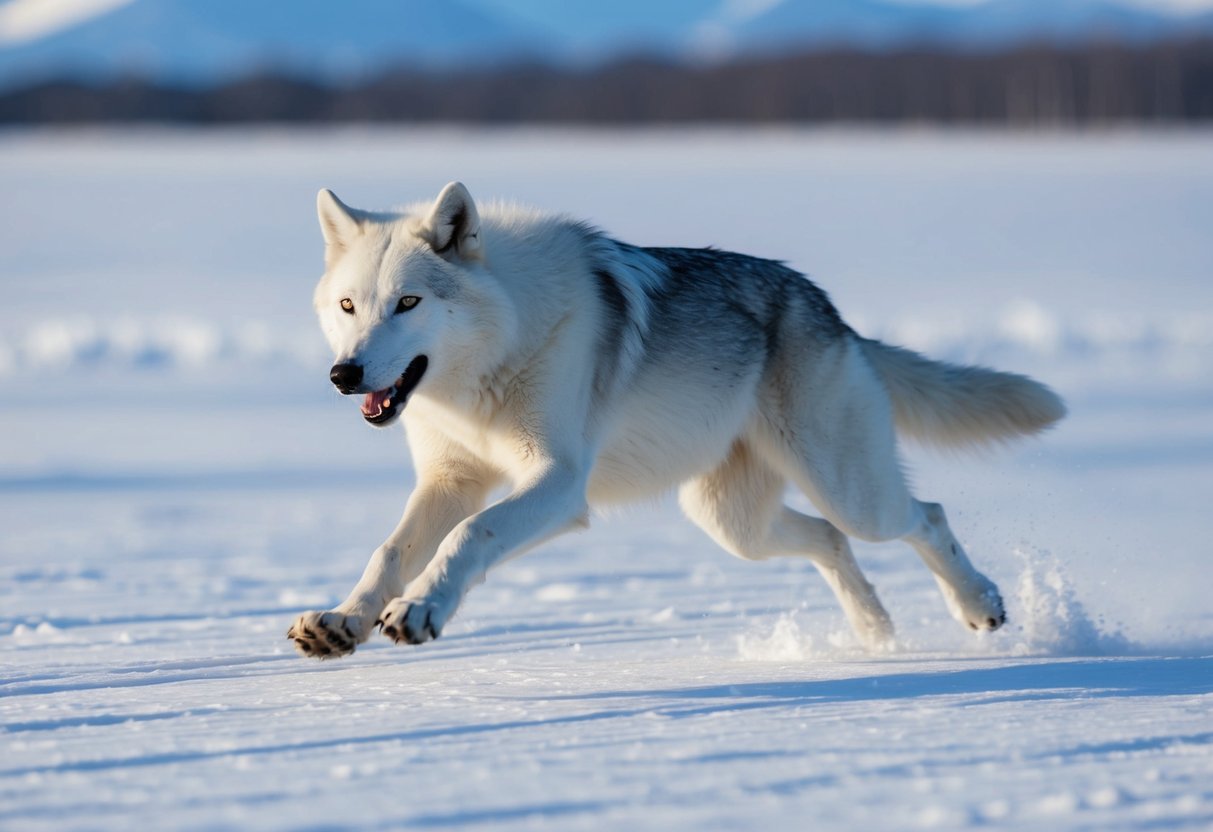 An arctic wolf sprints across the icy tundra, its powerful legs propelling it at speeds of up to 40 miles per hour