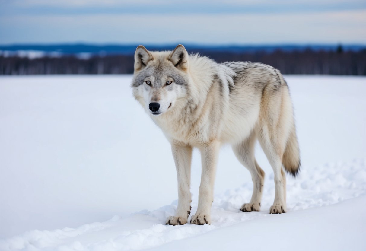 An arctic wolf stands in a snowy landscape, its thick white fur blending in with the surroundings. Its keen eyes scan the horizon, and its sturdy, padded feet leave deep tracks in the snow
