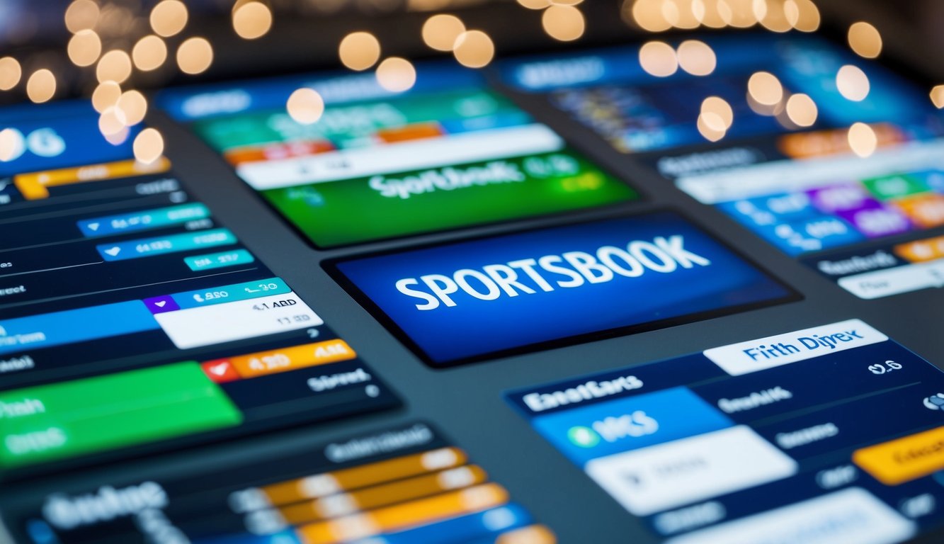 Sebuah sportsbook yang hidup dengan berbagai acara dan odds, dikelilingi oleh antarmuka digital dan elemen desain modern