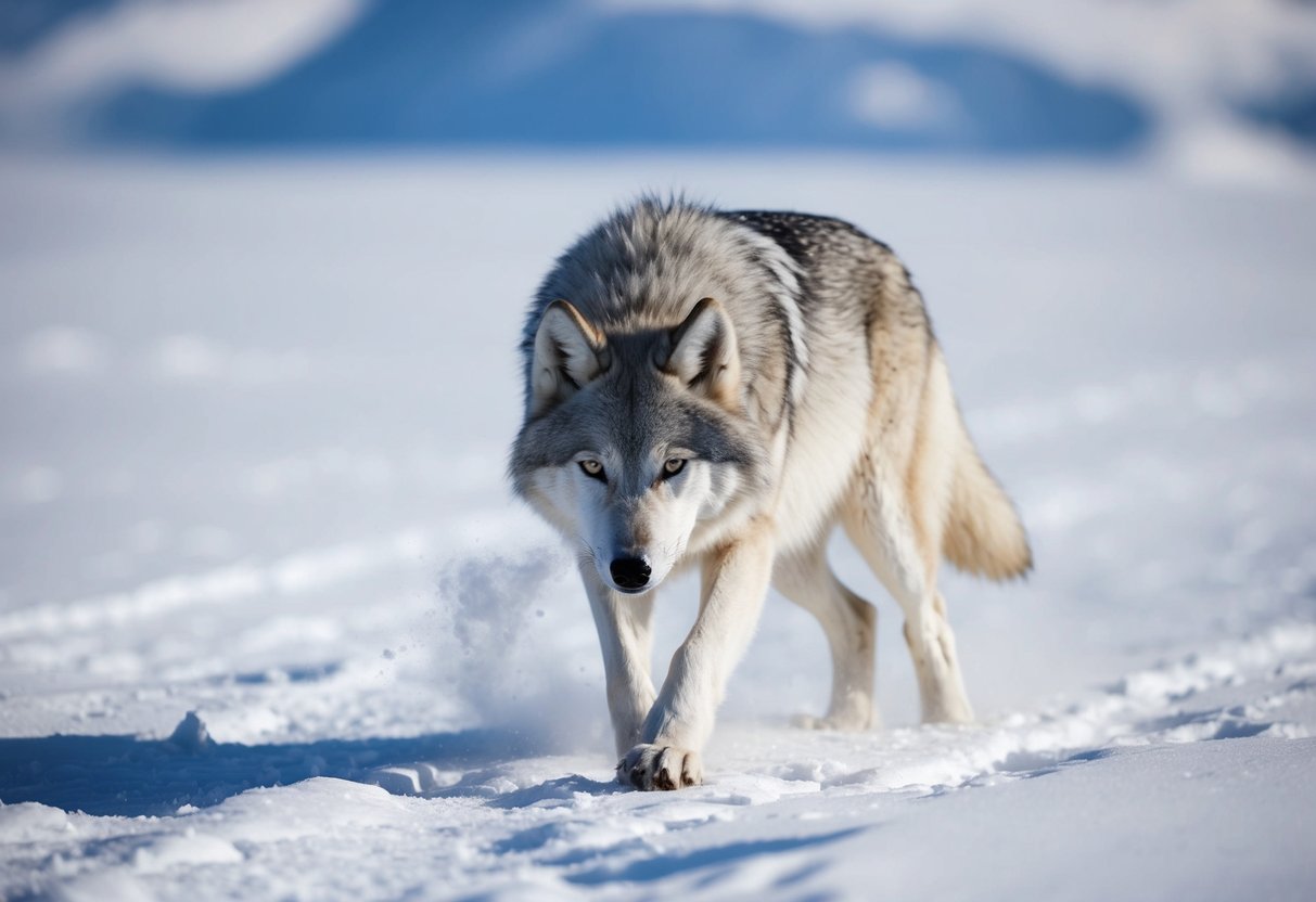 An arctic wolf prowls through a snowy landscape, its keen eyes searching for prey. It sniffs the air, its breath visible in the cold, as it hunts for food to sustain itself in its icy habitat