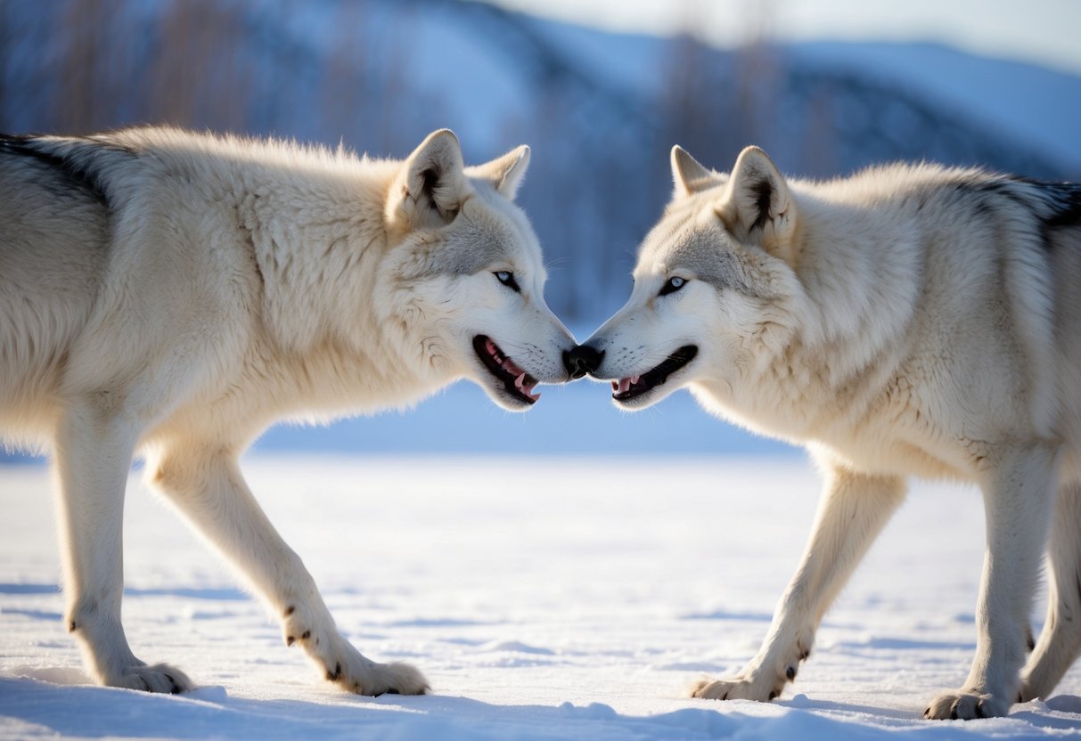 Two arctic wolves playfully nuzzle each other in the snow, exhibiting friendly social dynamics