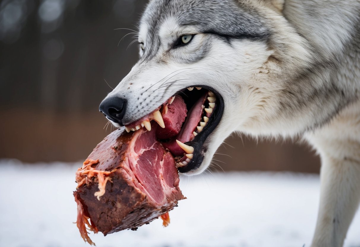 An arctic wolf bites into a thick piece of meat, its powerful jaws clamping down with impressive force. The wolf's teeth leave deep indentations in the tough flesh