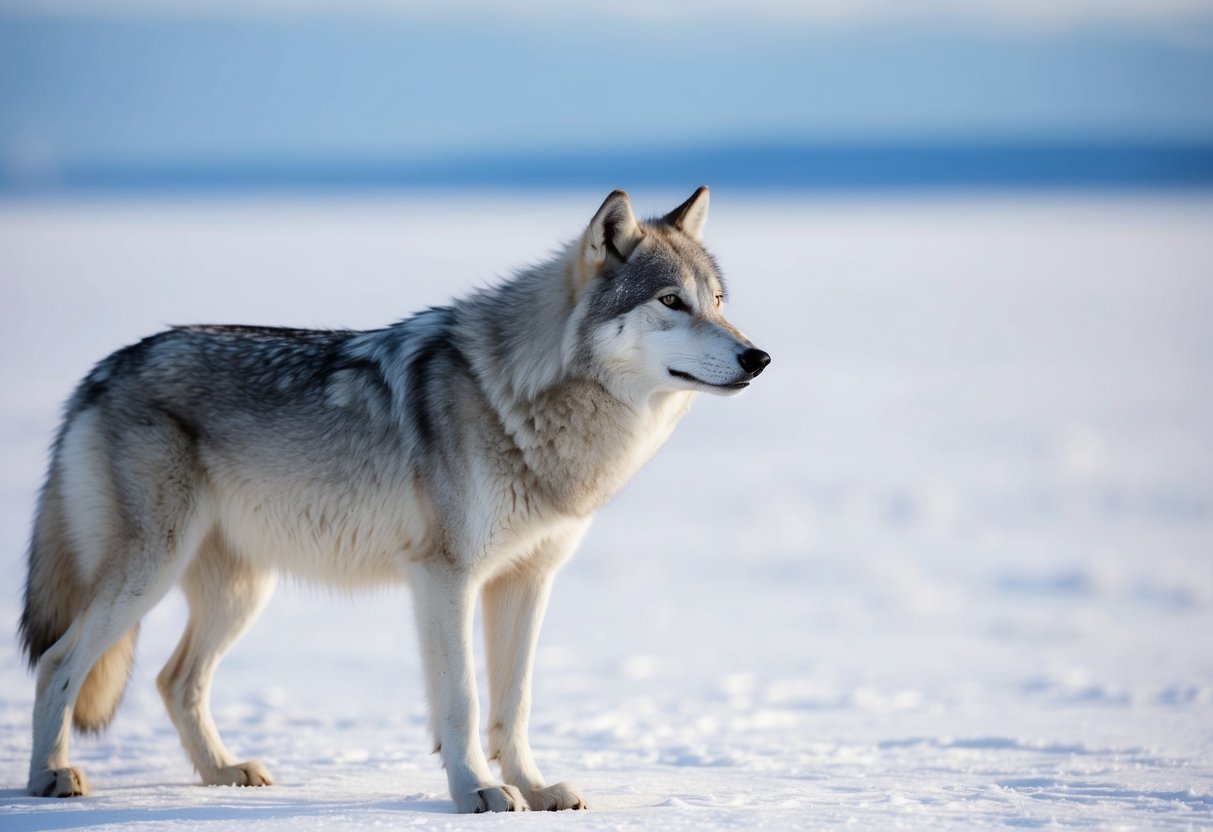 An arctic wolf stands alert, scanning the horizon for potential predators in the vast snowy landscape