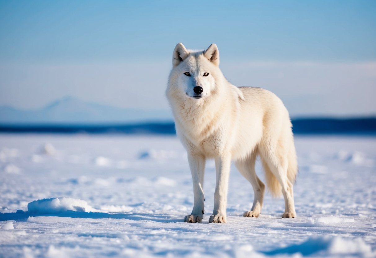 An arctic wolf stands alert on a snowy tundra, scanning the horizon for potential predators. Its thick white fur blends into the icy landscape, providing camouflage against potential threats