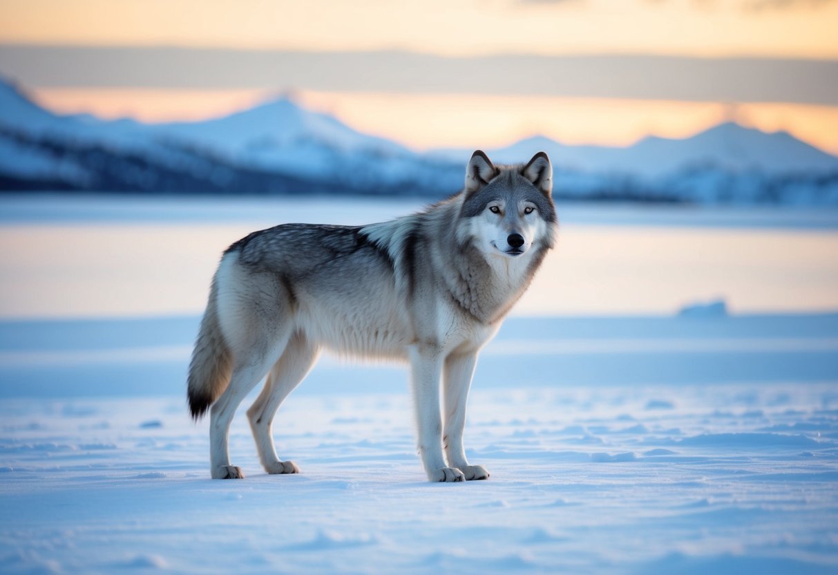 An arctic wolf stands alert, scanning the snowy landscape for potential predators. The icy tundra stretches out behind, with mountains in the distance