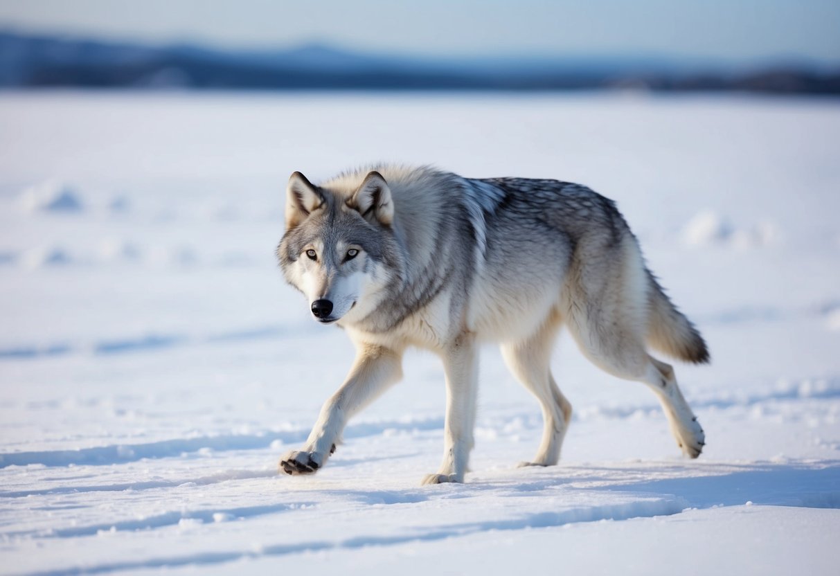 An arctic wolf prowls through a snowy landscape, its thick fur blending seamlessly with the white surroundings. Its keen eyes scan the horizon for prey, showcasing its rare and elusive nature