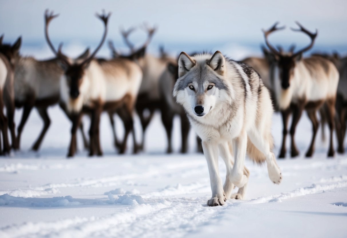 An arctic wolf stalks a herd of caribou, its sleek white fur blending into the snowy landscape. The wolf's sharp eyes are fixed on its prey, ready to pounce