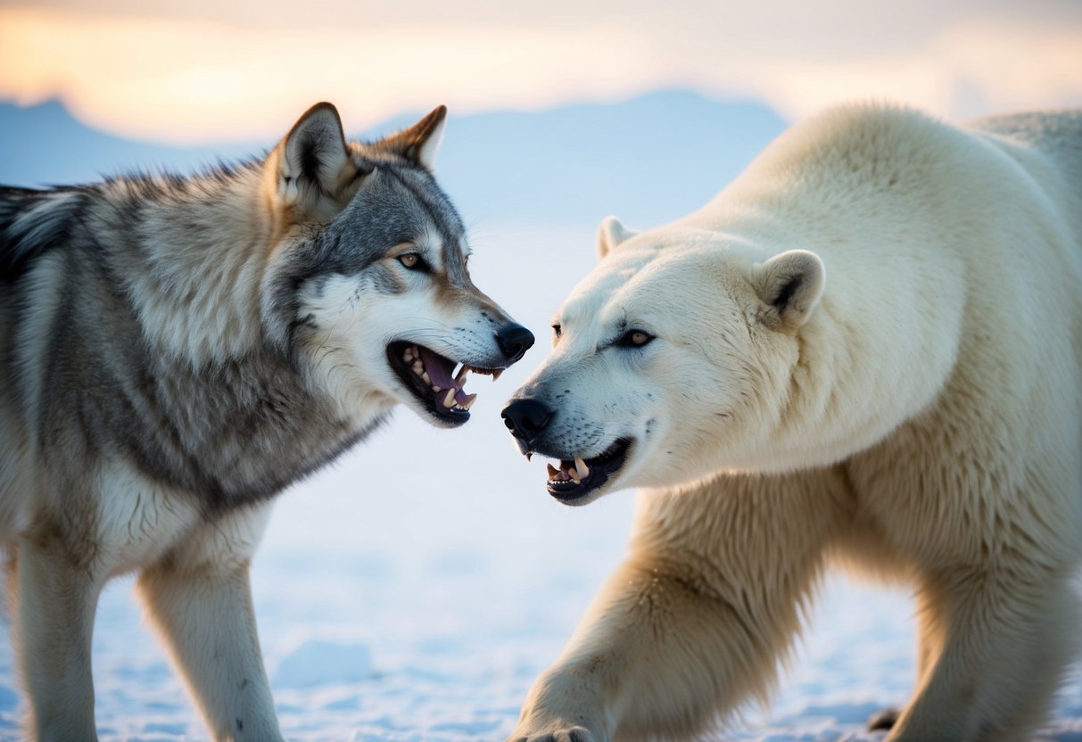 An arctic wolf faces off against a stalking polar bear, its fur bristling with aggression as it defends its pack