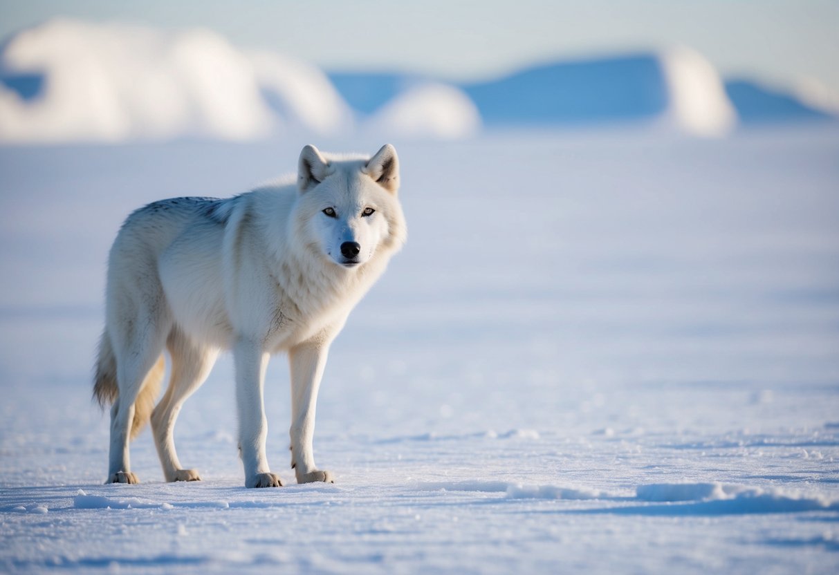 An arctic wolf stands alone on a vast, snowy tundra, its white fur blending seamlessly with the icy landscape