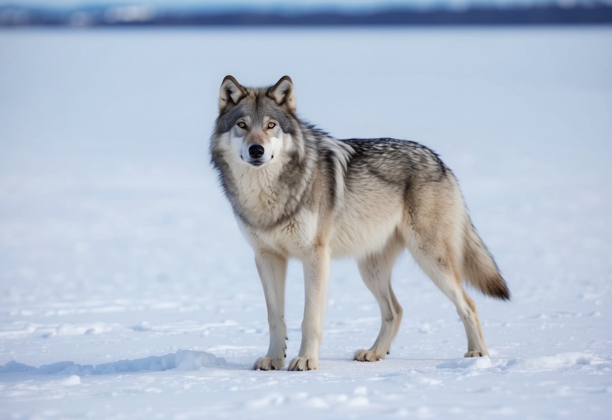 An arctic wolf stands proudly on a snowy tundra, surrounded by a vast, untouched landscape. Its fur blends seamlessly with the white expanse, highlighting the rare and majestic nature of this elusive creature