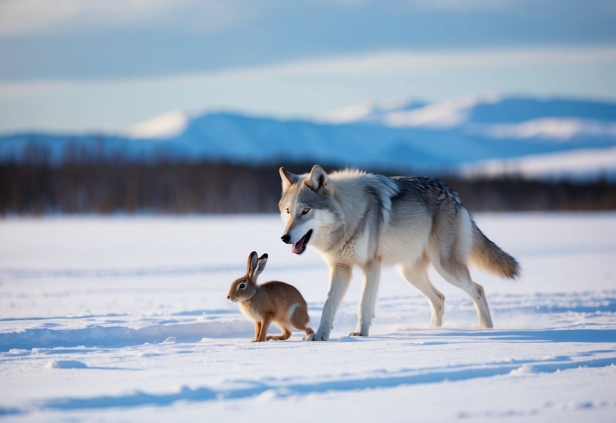 An arctic wolf hunts a hare in a snowy tundra landscape