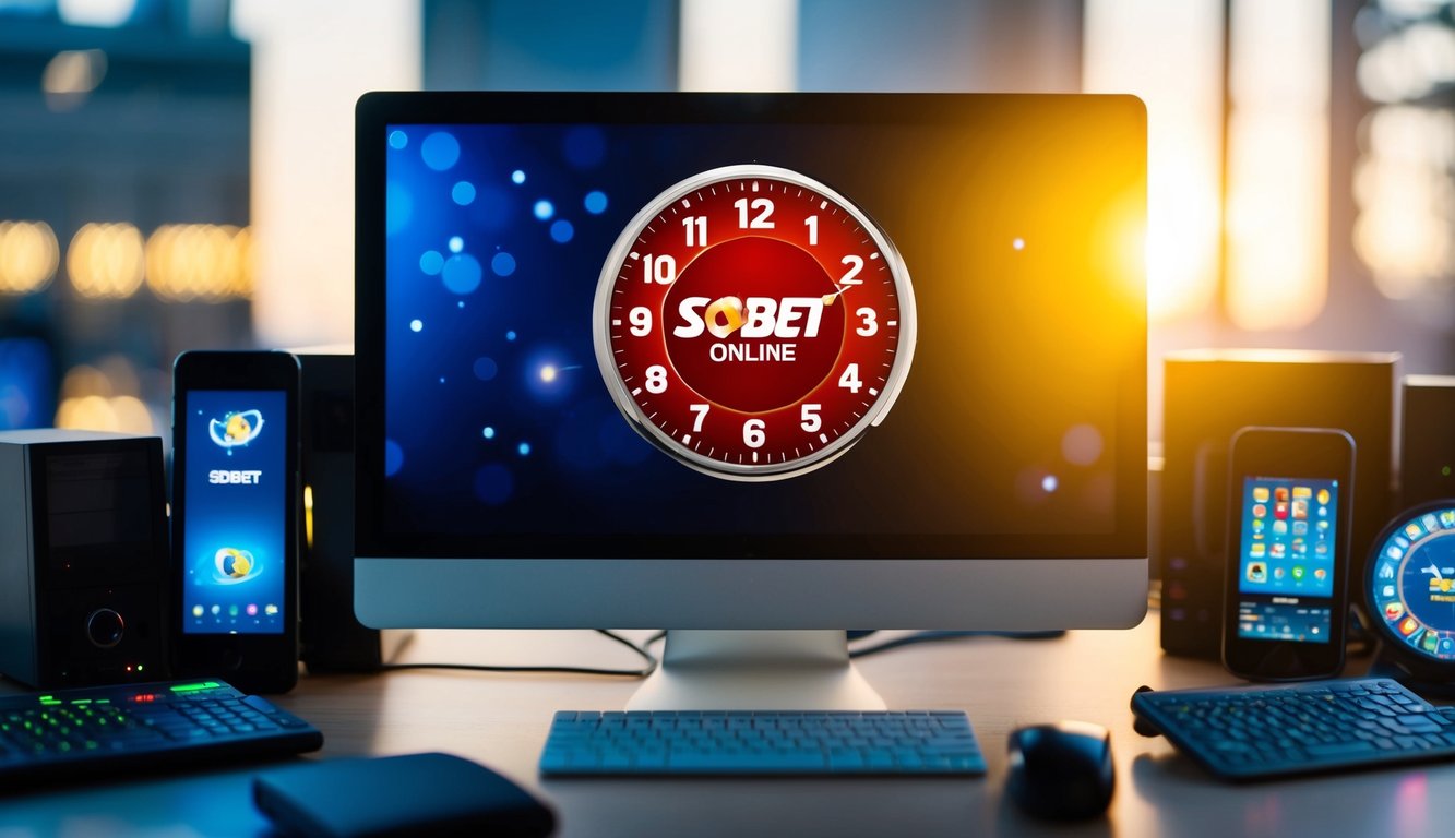 Sebuah layar komputer yang bersinar dengan jam yang menunjukkan layanan 24 jam untuk SBObet online, dikelilingi oleh berbagai perangkat elektronik