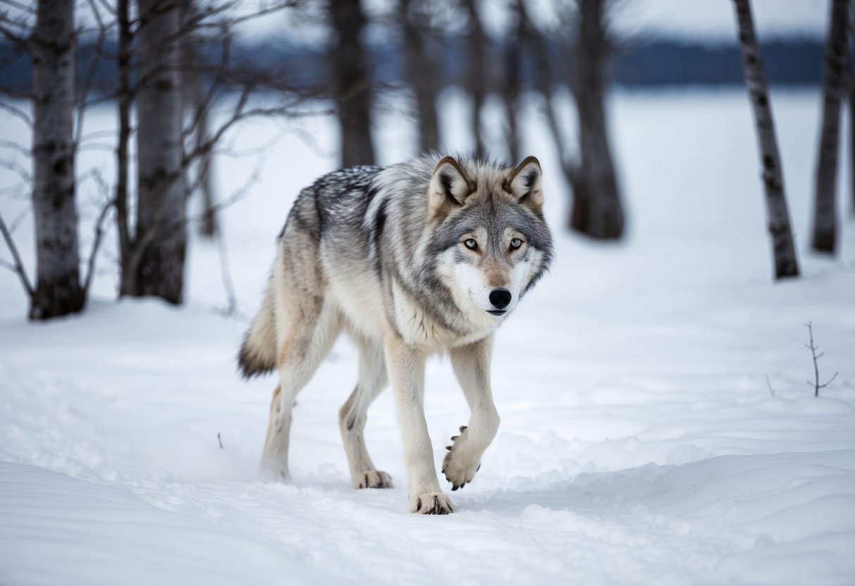 An arctic wolf prowls through a snowy landscape, its keen eyes scanning for prey. The icy terrain and barren trees create a stark backdrop for the predator's hunt