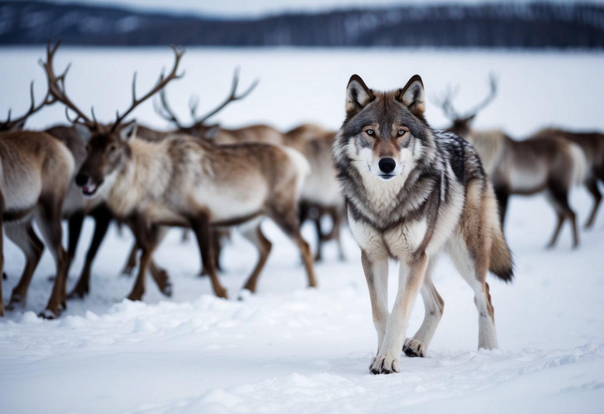 An arctic wolf stalks a herd of caribou through the snow-covered tundra, its keen eyes fixed on its prey