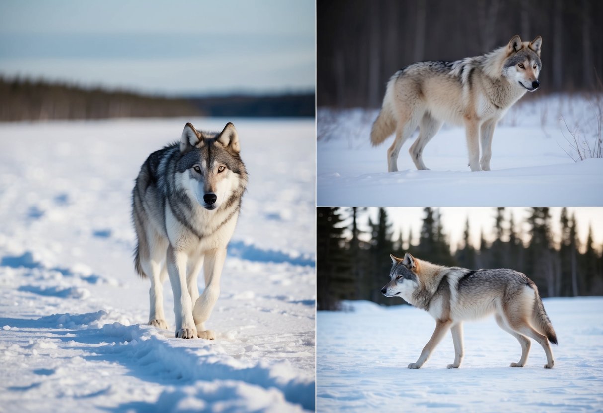 An arctic wolf hunts on snow-covered tundra, while a normal wolf hunts in a forested area
