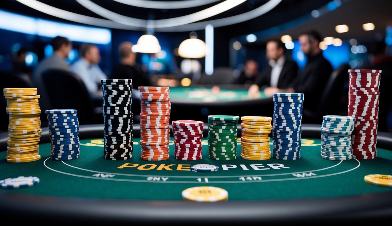 Sebuah meja poker online yang ramai dengan berbagai ukuran chip dan pemain dengan tingkat keterampilan yang berbeda, dengan latar belakang antarmuka yang ramping dan modern.