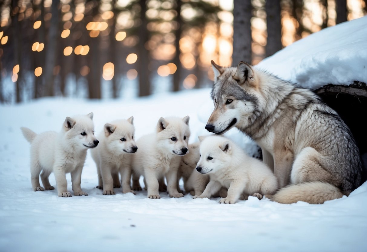 An arctic wolf mother nursing a litter of 4-7 fluffy white wolf pups in a snow-covered den