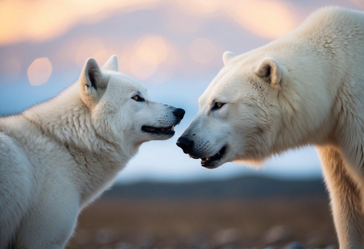 An arctic wolf faces off against a formidable polar bear