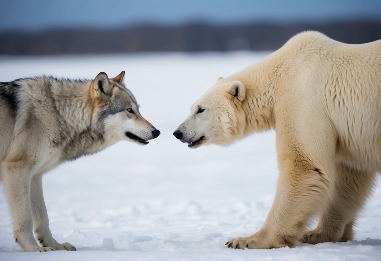 An arctic wolf faces off against a formidable polar bear, their eyes locked in a tense stare-down amidst the icy tundra