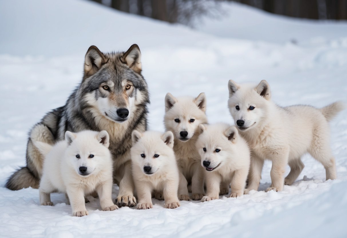 An arctic wolf mother surrounded by her litter of 4-7 fluffy white wolf pups in a snow-covered den