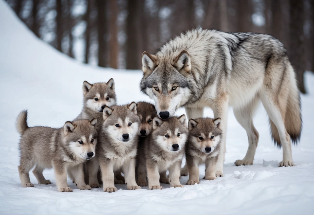 An arctic wolf mother nursing a litter of five fluffy pups in a snowy den