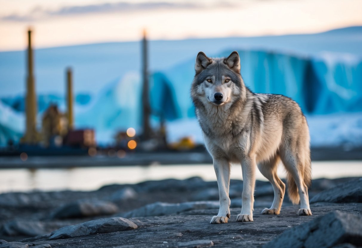 An arctic wolf stands alert, surrounded by encroaching industrial development and melting ice caps, threatening its natural habitat