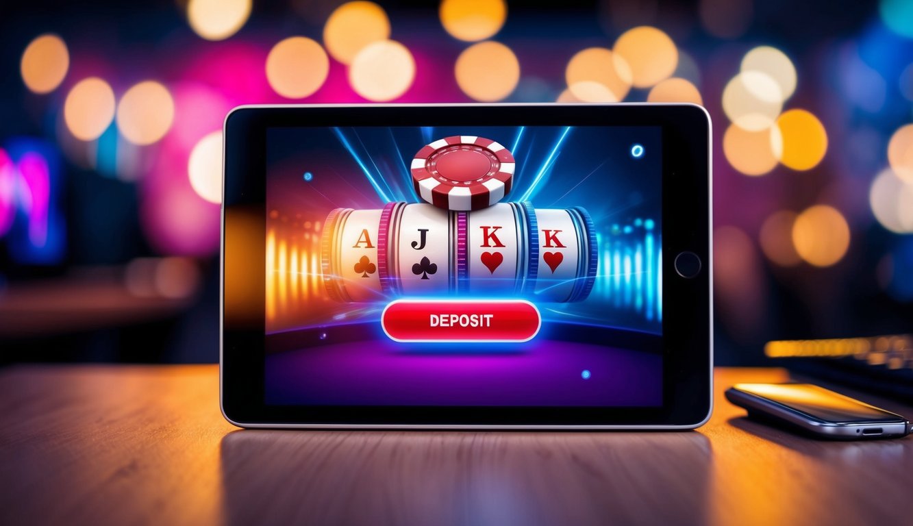 Sebuah perangkat digital yang menampilkan permainan poker online dengan tombol deposit yang berdenyut dan suasana yang hidup serta energik