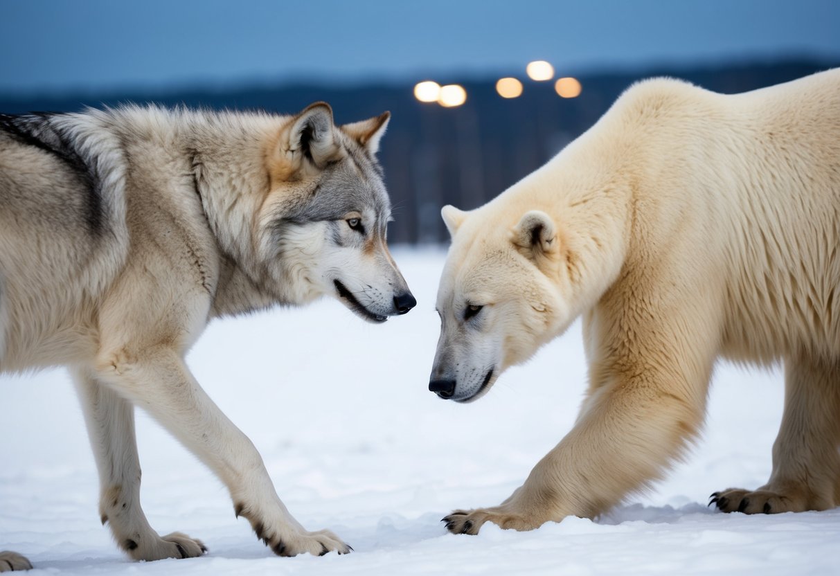 An arctic wolf faces off against a stalking polar bear