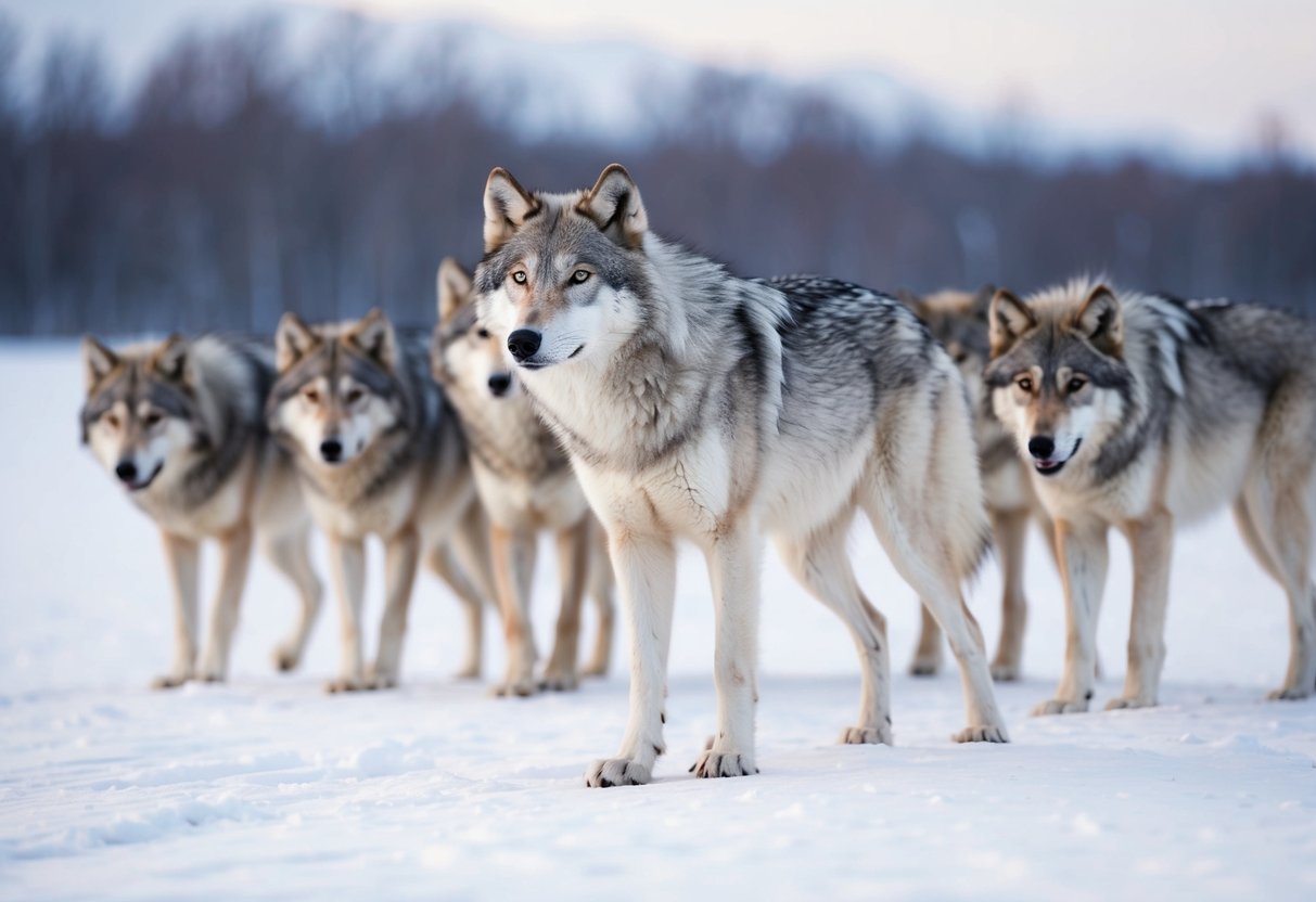 An arctic wolf stands alert, scanning the snowy landscape for potential predators. The pack moves together, demonstrating social behavior and pack dynamics