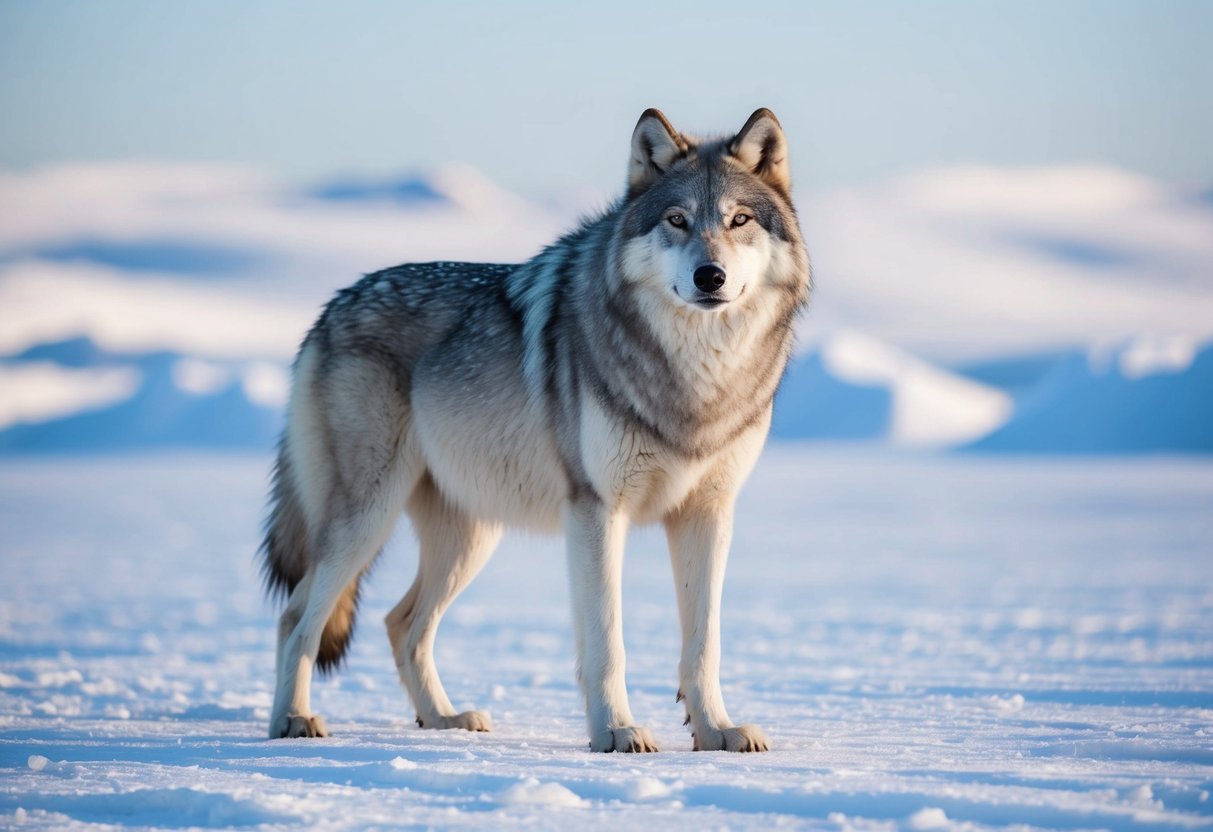 A massive arctic wolf stands tall in the snow-covered tundra, its thick fur blending seamlessly with the icy landscape