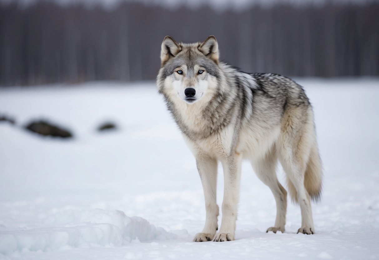 An arctic wolf stands alert in its snowy habitat, surrounded by evidence of human impact and conservation efforts