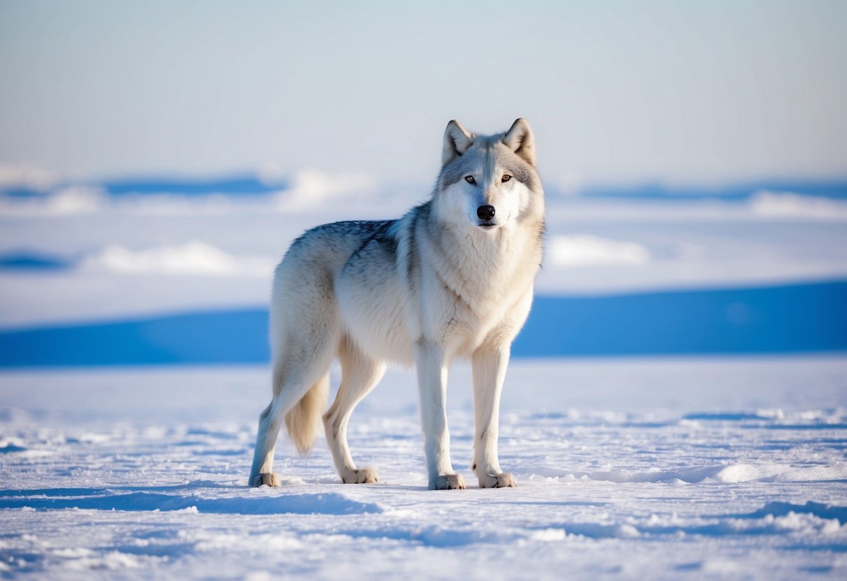 A lone arctic wolf stands tall in the snowy landscape, its thick white fur blending into the icy surroundings. The wolf's size is emphasized by the vast, open tundra stretching out behind it