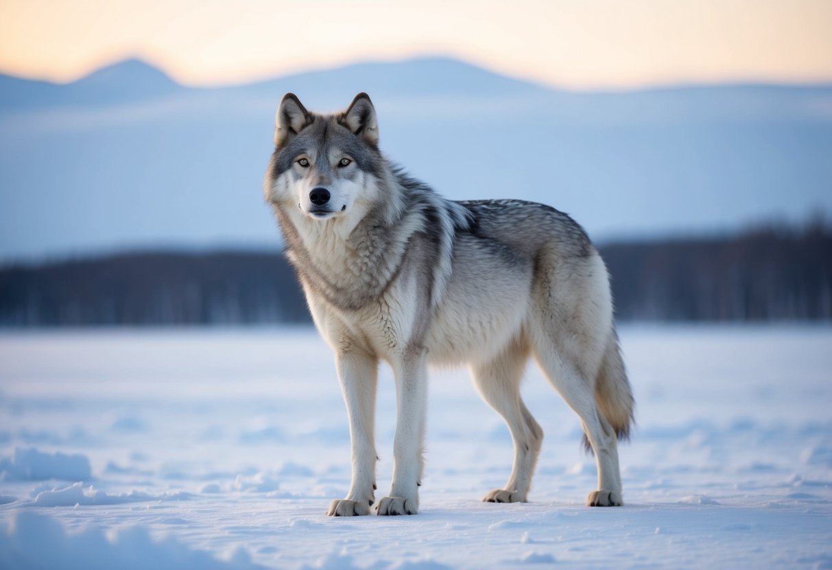 A majestic arctic wolf stands tall in a snowy landscape, its large size emphasized by the surrounding icy terrain