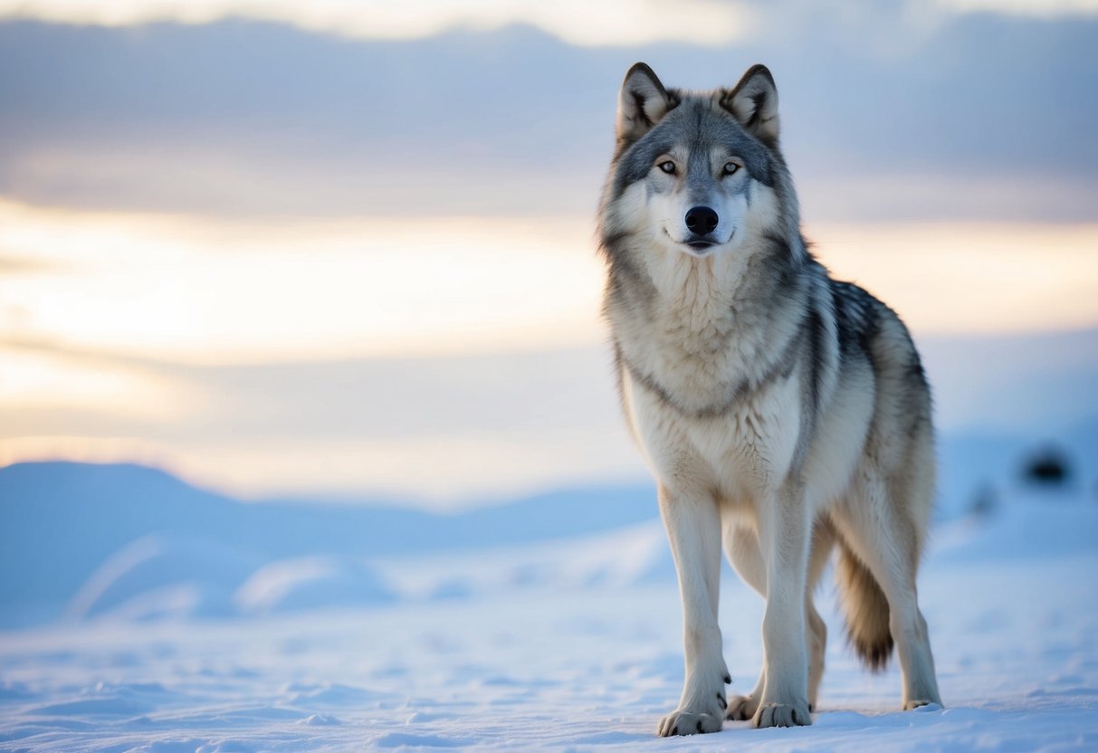 An arctic wolf stands tall and proud in its snowy habitat, showcasing its impressive size and strength
