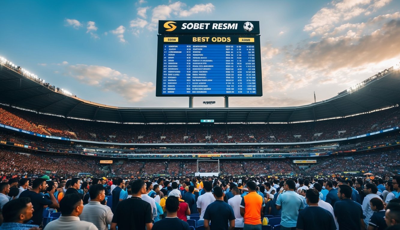 Sebuah stadion yang ramai dengan papan skor besar yang menampilkan peluang terbaik untuk pertandingan SBObet resmi